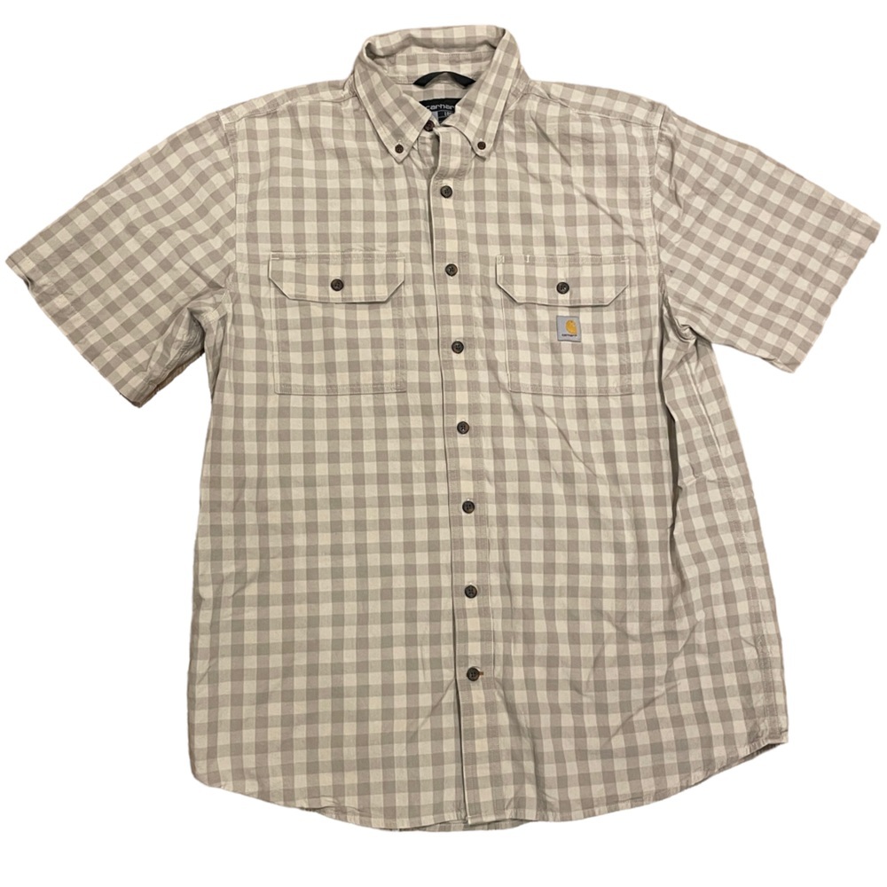 Carhartt Men’s Loose Fit Beige Plaid Midweight Button Down Work Shirt Sz L Tall